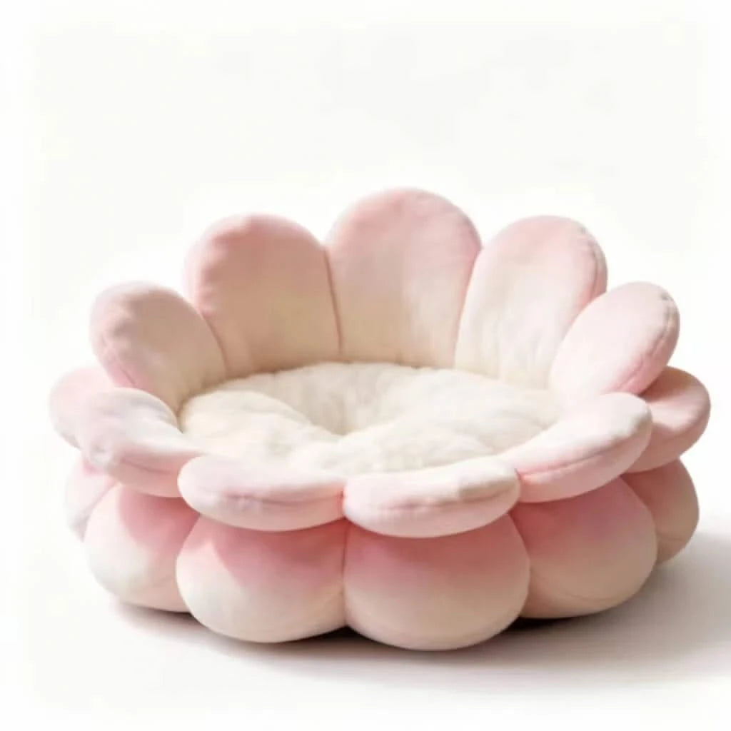 Cat Bed, Flower Blossom Shape, Soft Plush, Pink/White, Petal Edges, All-Season