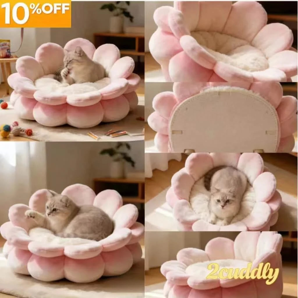 Cat Bed, Flower Blossom Shape, Soft Plush, Pink/White, Petal Edges, All-Season