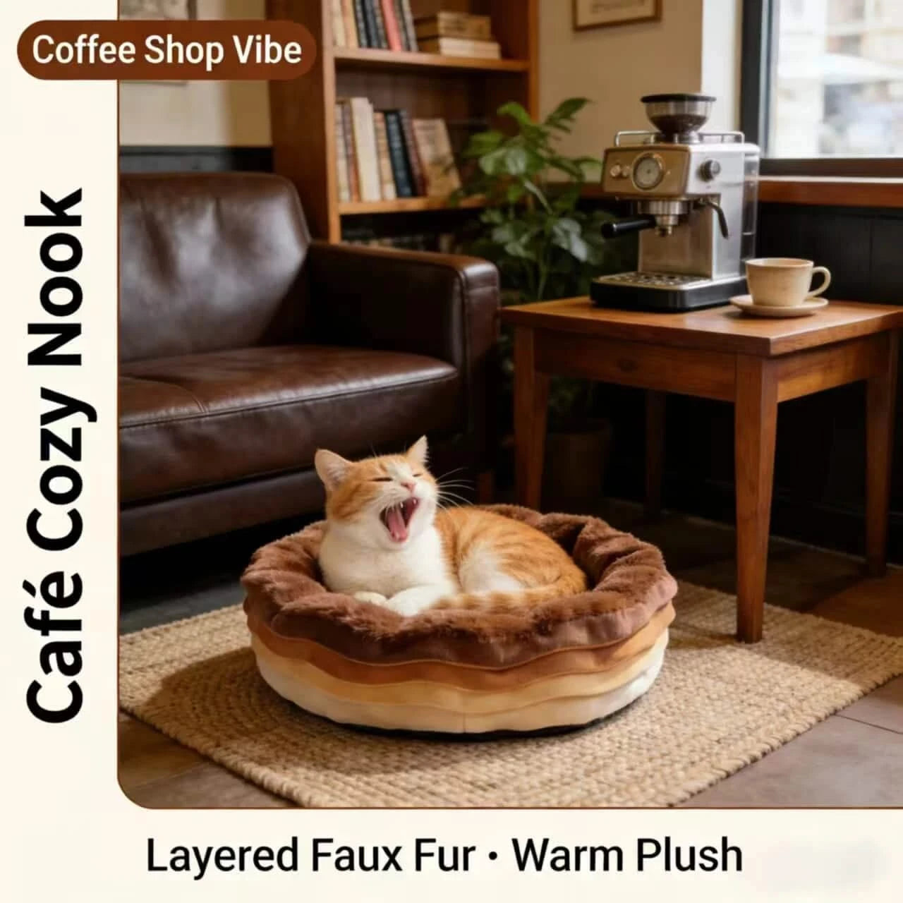 Soft Pet Bed for Dogs, Donut Round Shape, Plush Fabric, Brown/White, Calming Nest