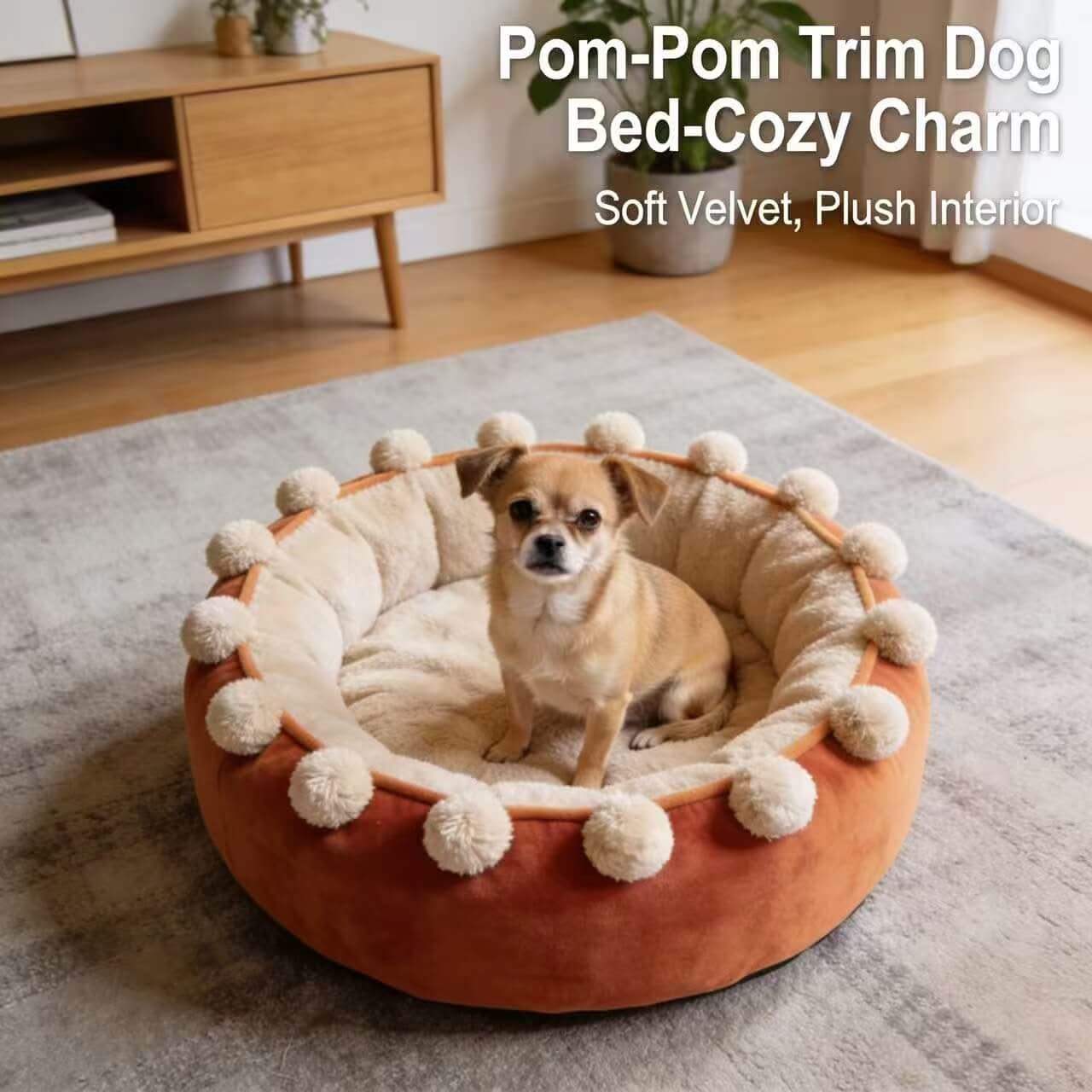 Cozy Charm Pet Bed for Dogs - Orange-Beige, Pom-Pom Trim, Soft Velvet, Plush Interior