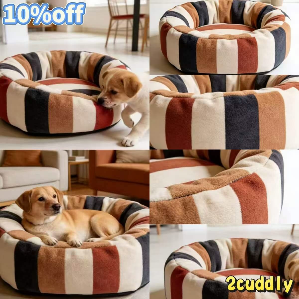 Warm Striped Fleece Pet Bed for Dogs - Multi-Color, Round, Non-Slip Bottom
