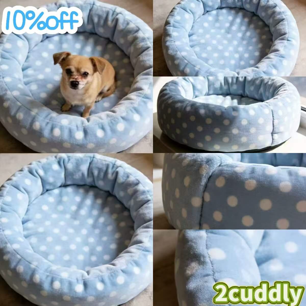 Playful Pet Bed for Dogs - Blue-White Polka Dot, Round, Cushioned Base, Easy Clean