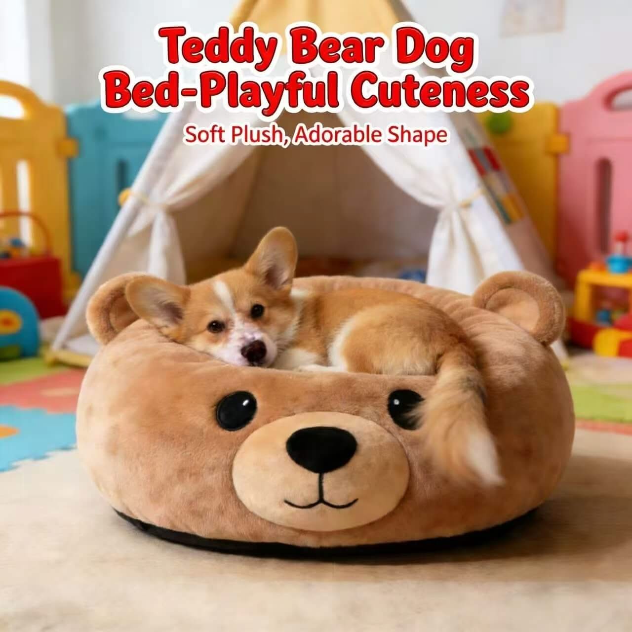 Playful Cozy Pet Bed for Dogs - Tan, Teddy Bear Shape, Soft Plush Fabric
