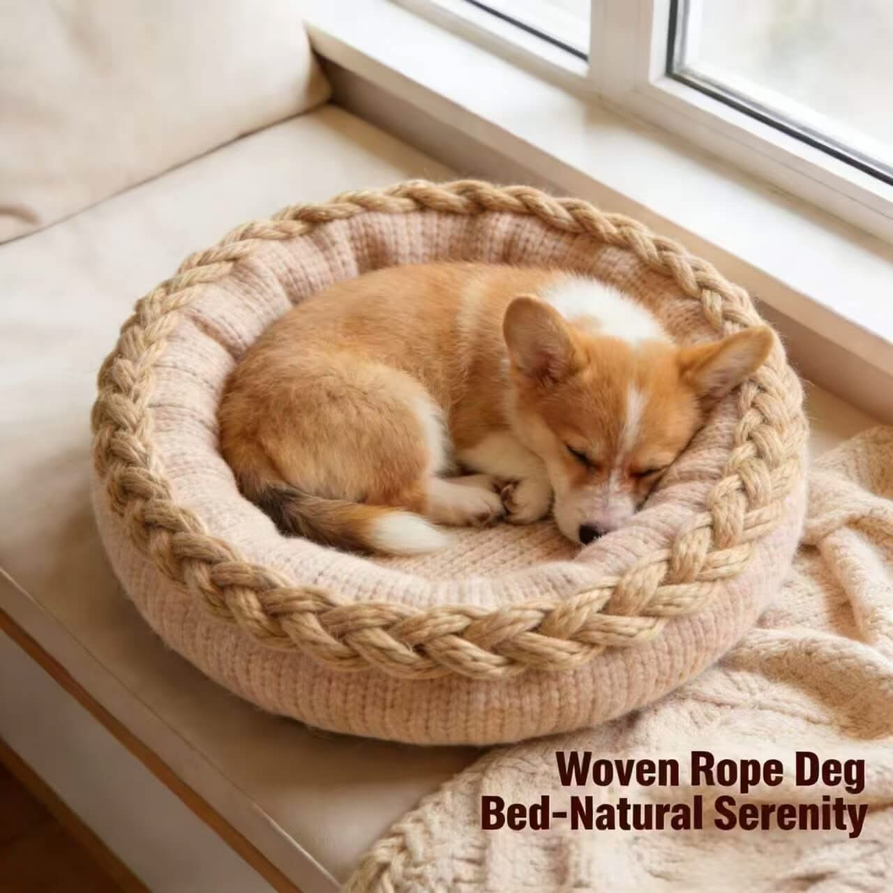 Natural Serenity Pet Bed for Dogs - Beige, Round, Braided Woven Rope Design