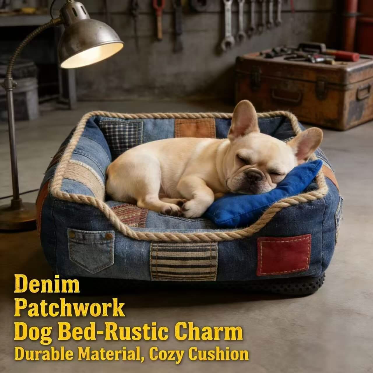 Durable Cozy Pet Bed for Dogs - Denim Patchwork, Rope Trim, Included Cushion