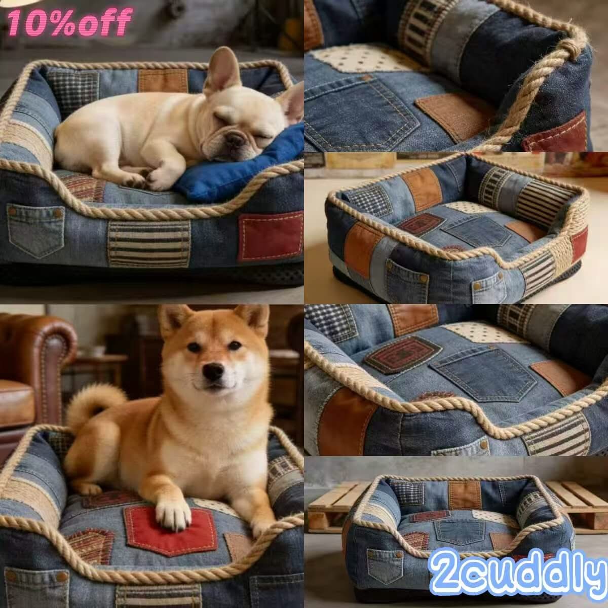 Durable Cozy Pet Bed for Dogs - Denim Patchwork, Rope Trim, Included Cushion