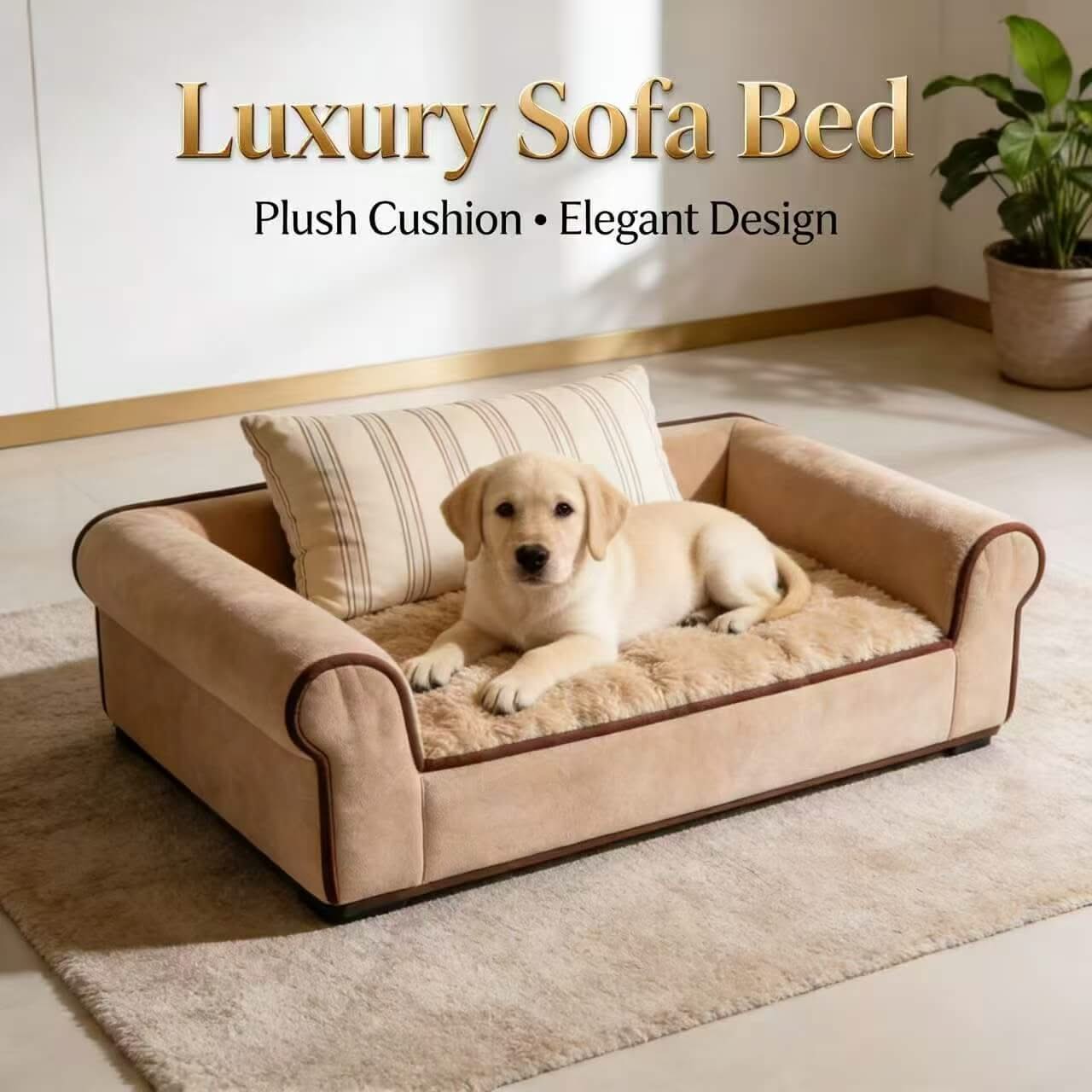 Luxury Comfort Pet Sofa for Dogs - Beige, Plush Cushion, Elegant Brown-Trim Design