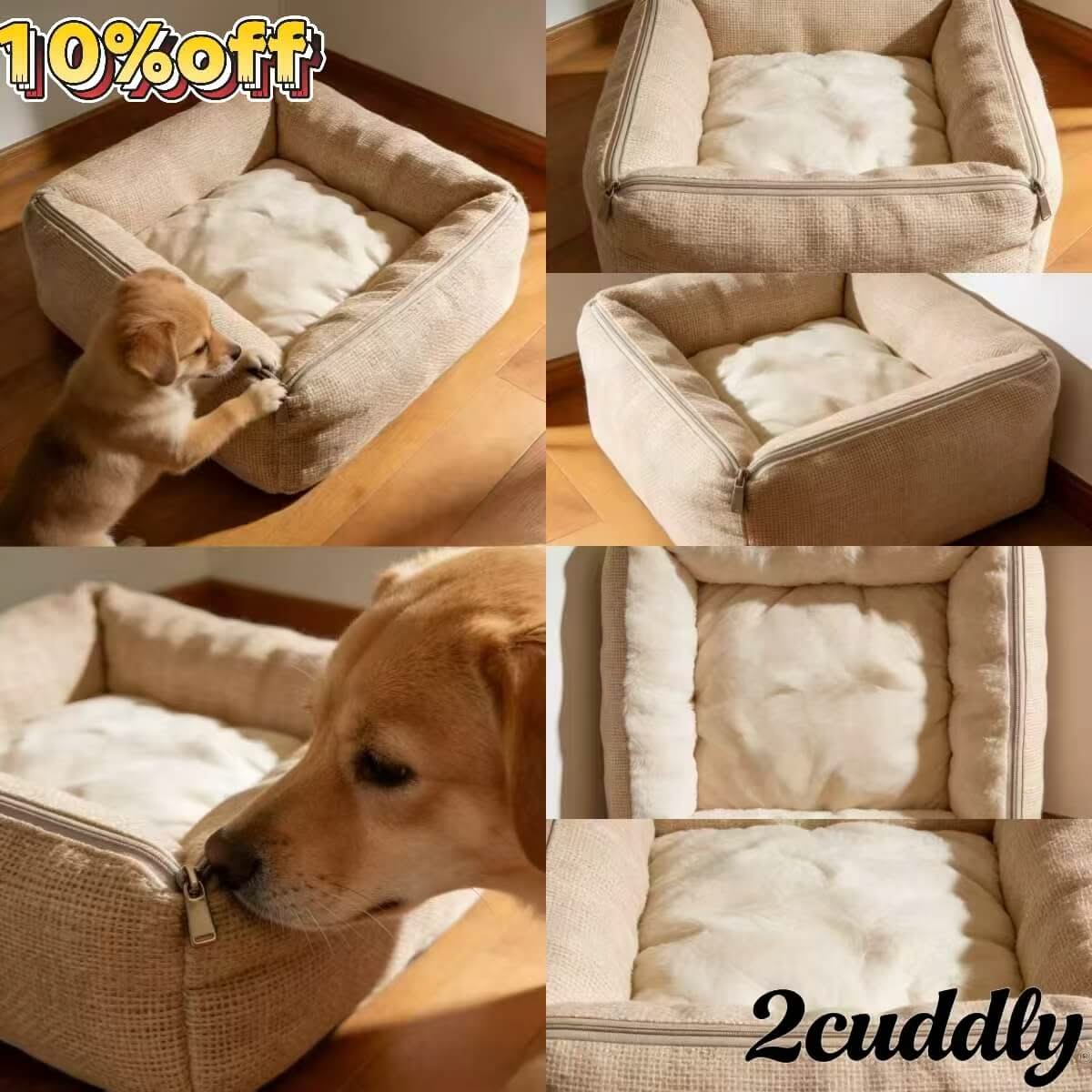 Easy Clean Pet Bed for Dogs - Beige Linen, Zipper Design, Removable Cushion, Breathable