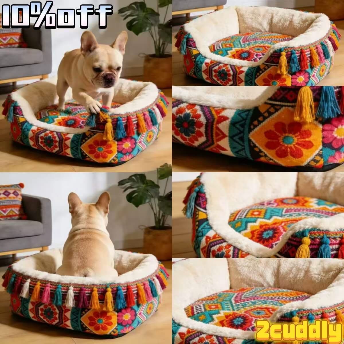 Artisan Cozy Pet Bed for Dogs - Bohemian Print, Soft Tassels, Plush Interior