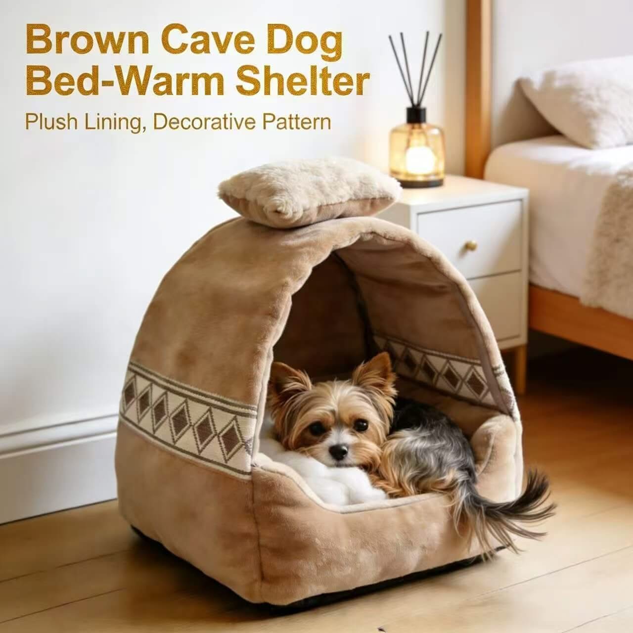 Warm Shelter Pet Cave Bed for Dogs - Tan, Plush Lining, Decorative Pattern, Included Pillow