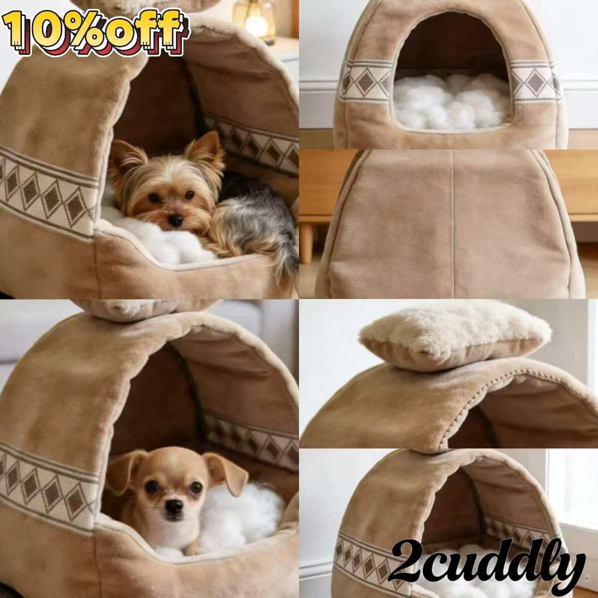 Warm Shelter Pet Cave Bed for Dogs - Tan, Plush Lining, Decorative Pattern, Included Pillow