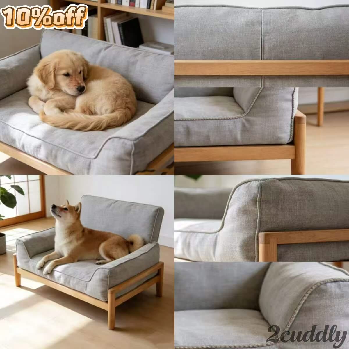 Elevated Pet Bed for Dogs - Wooden Frame, Modern Style, Gray Fabric