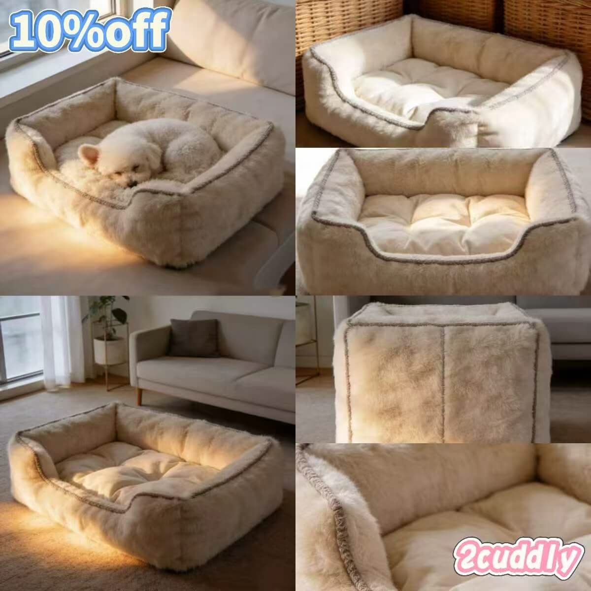 Spacious Cozy Pet Bed for Dogs - Beige, Square, Fluffy Fur Design