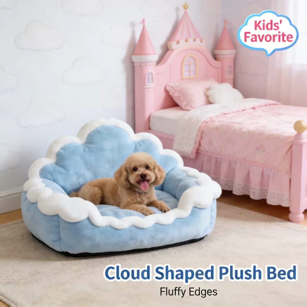Cozy Pet Sofa for Dogs - Blue-White, Cloud Shape, Fluffy Edges, Plush Fabric