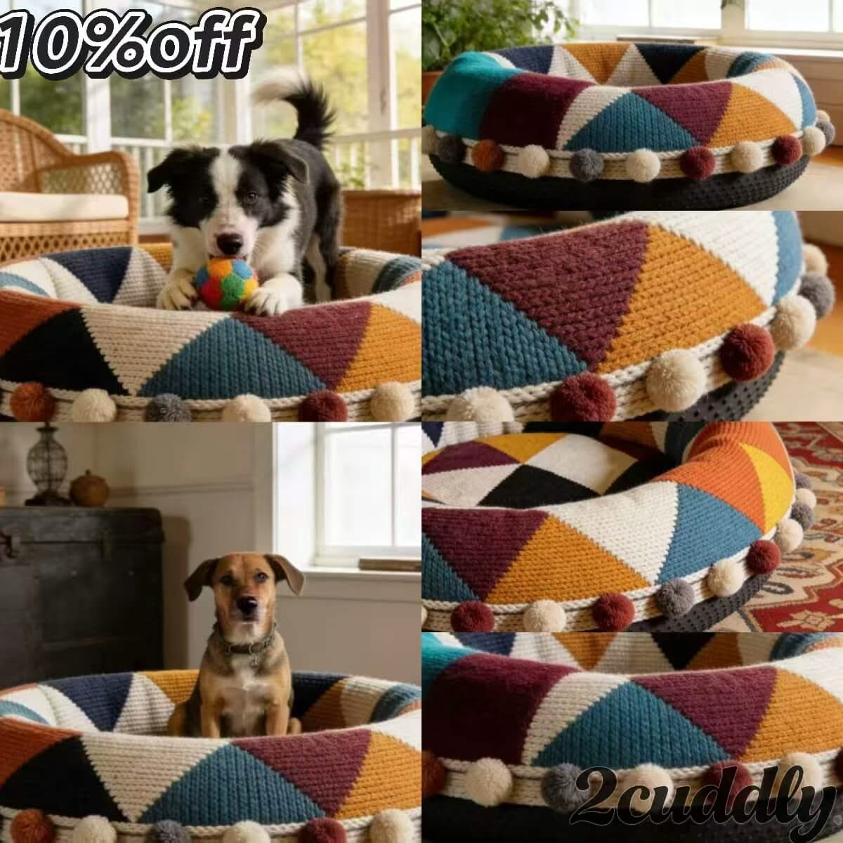 Cozy Pet Bed for Dogs - Multi-Color, Patchwork Knit, Vibrant Geometry, Pom-Pom Trim