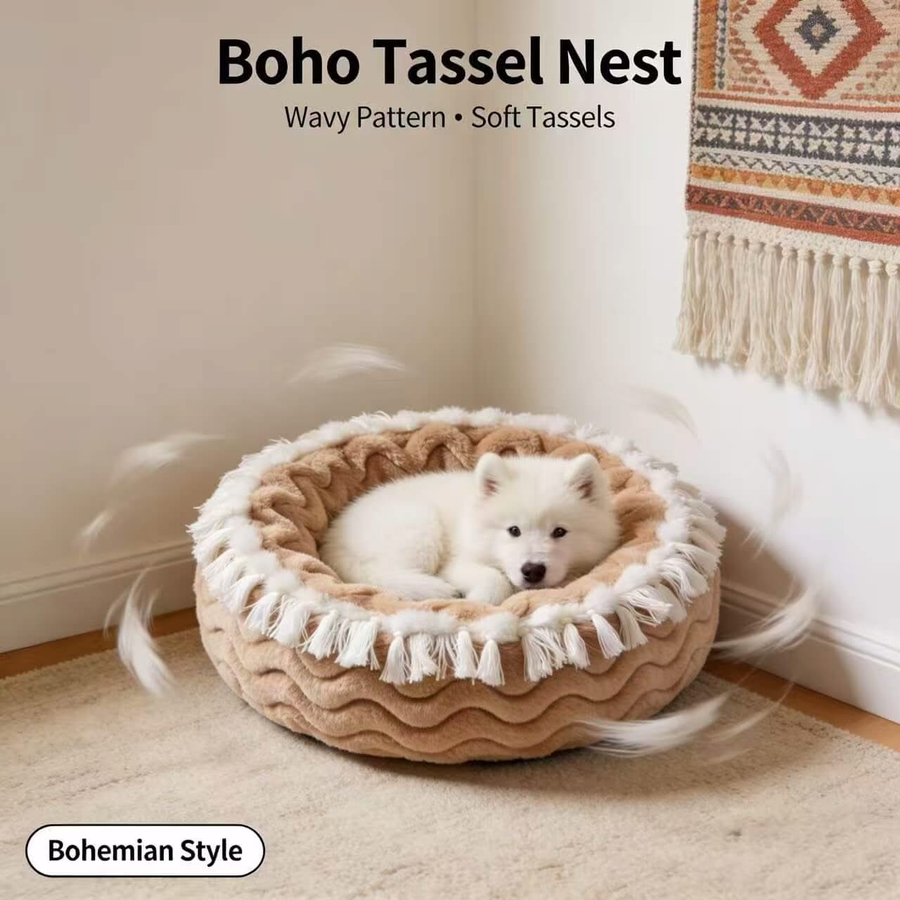 Cozy Bohemian Pet Bed for Dogs - Brown-White, Wavy Pattern, Soft Tassels