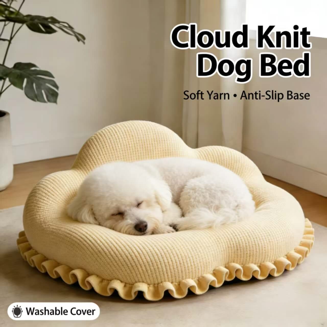 Cozy Cloud Knit Dog Bed: Washable Cover, Soft Yarn, Anti-Slip Base for Dogs