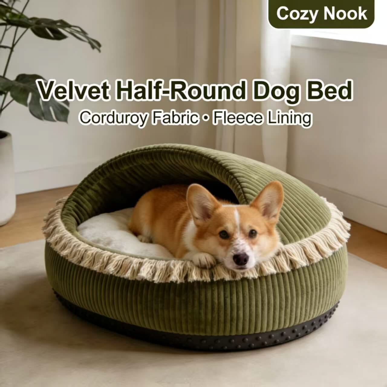 Cozy Velvet Half-Round Dog Bed: Corduroy, Fleece Lining for Dogs