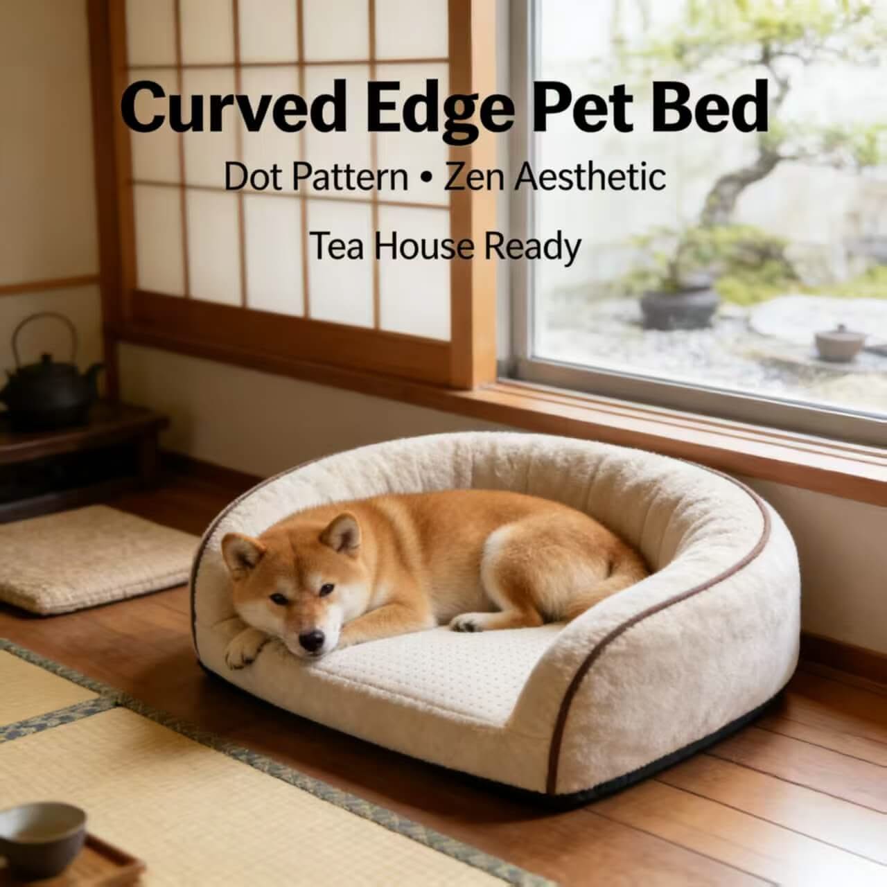 Zen Aesthetic Pet Bed for Dogs - Beige, Curved Edge, Dot Pattern, Tea House-Friendly