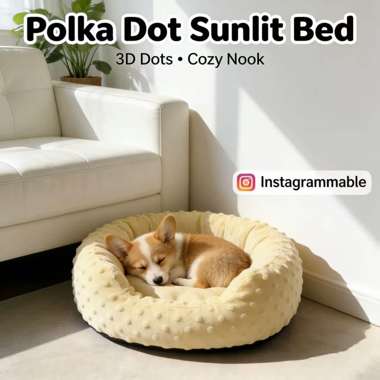 Cozy Instagrammable Pet Bed for Dogs - Light Yellow, Round, 3D Polka Dots, Plush Fabric