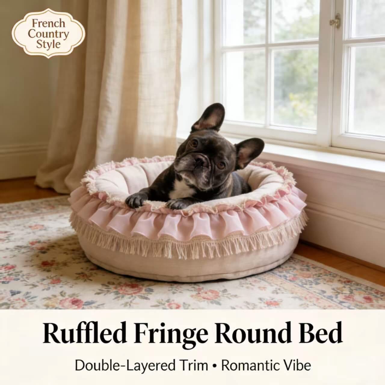 Romantic French Country Pet Bed for Dogs - Round, Pink-Beige, Ruffled Fringe Double-Layer Trim