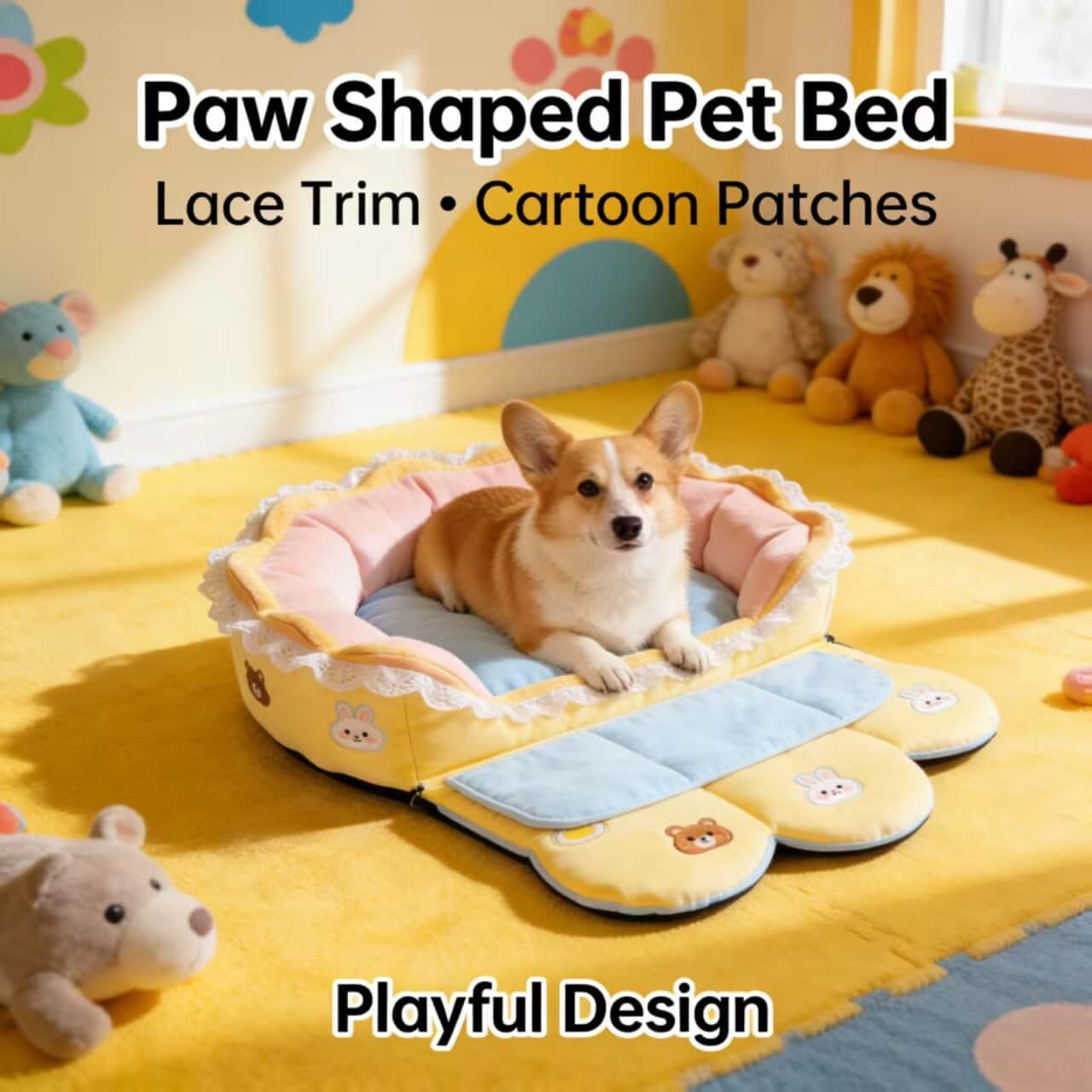 Playful Pet Bed for Dogs - Paw Shaped, Yellow-Pink-Blue, Lace Trim, Cartoon Patches