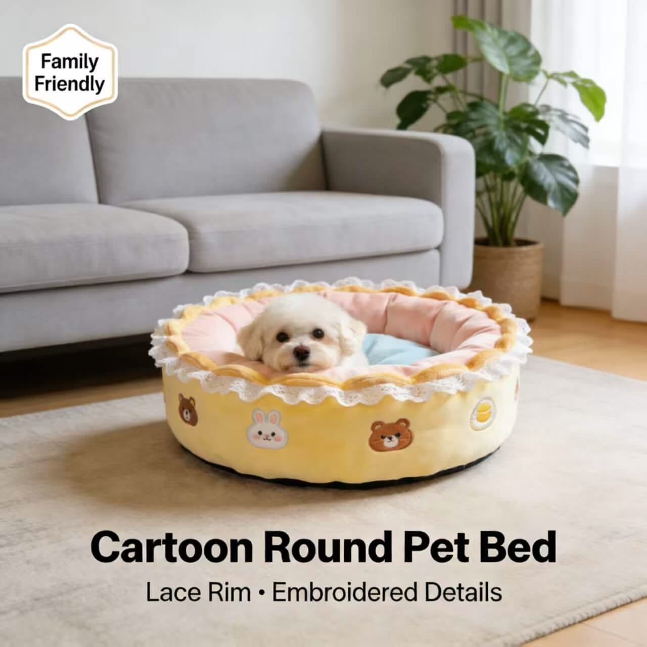 Family-Friendly Pet Bed for Dogs - Round, Yellow-Pink, Lace Rim, Cartoon Embroidery