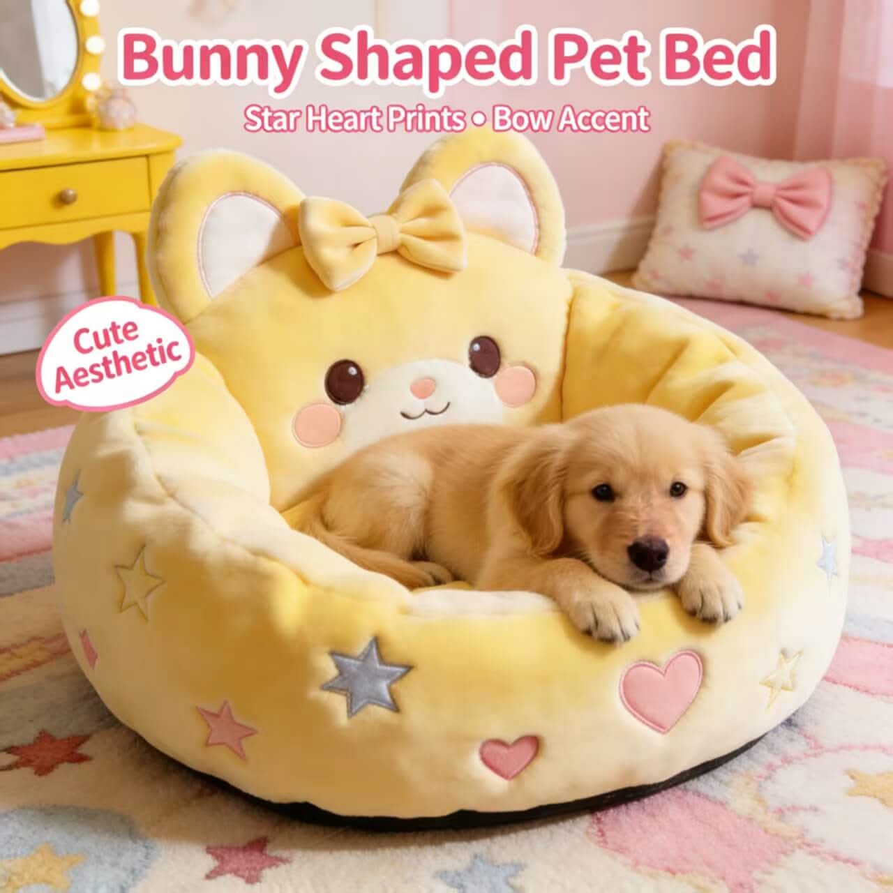 Princess-Room Pet Bed for Dogs - Pink Bunny Shaped, Star-Heart Motifs, Fluffy Fabric, Bow Accent