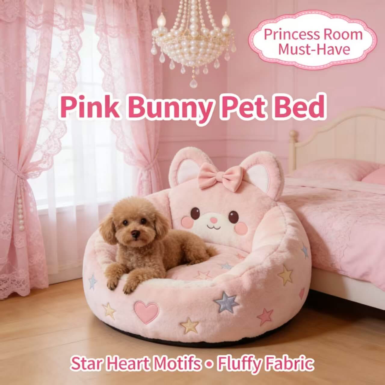 Princess-Room Pet Bed for Dogs - Pink Bunny Shaped, Star-Heart Motifs, Fluffy Fabric, Bow Accent