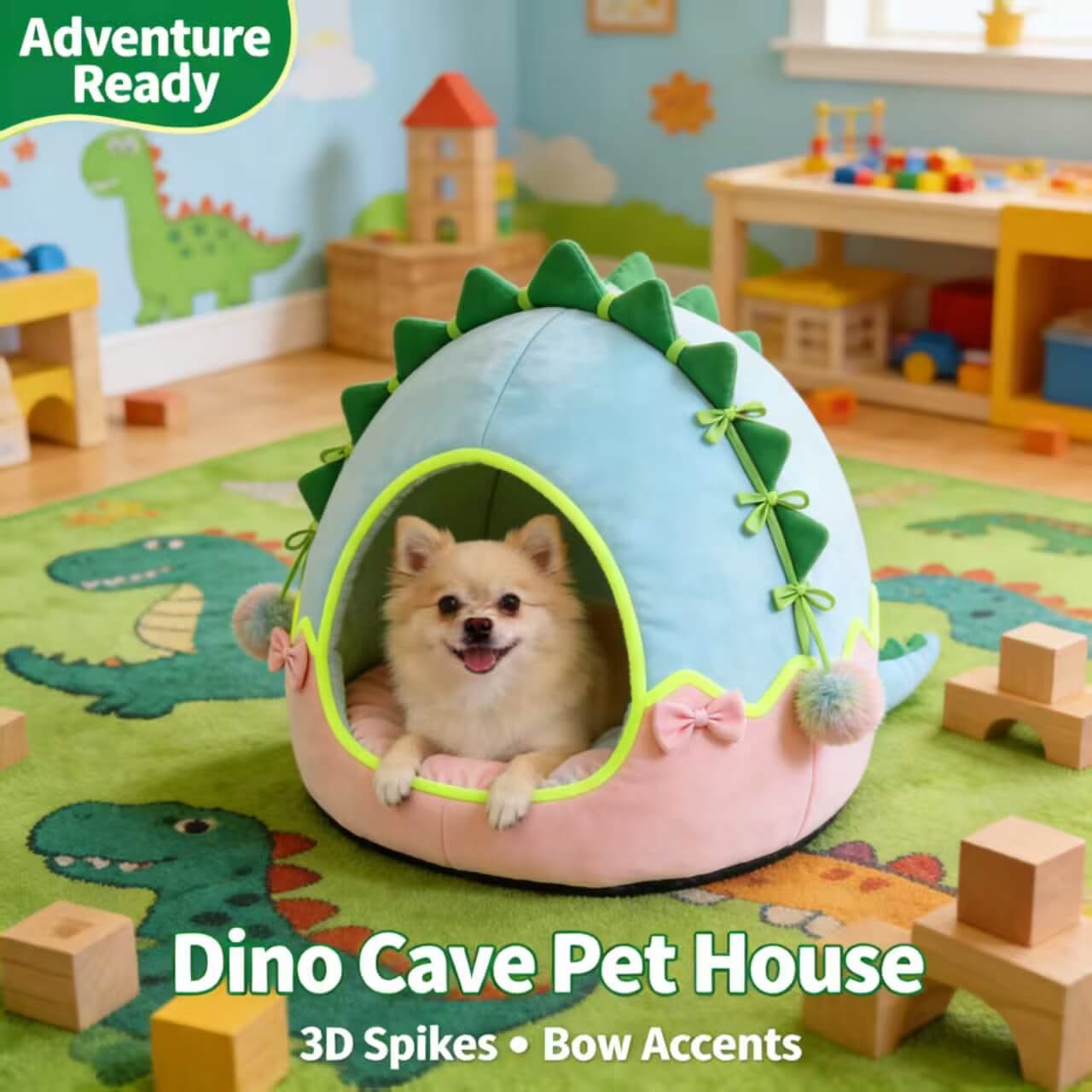 Adventure-Ready Dino-Cave Pet Bed for Dogs - Blue-Pink, 3D Spikes, Bow Accents, Kids Room-Friendly