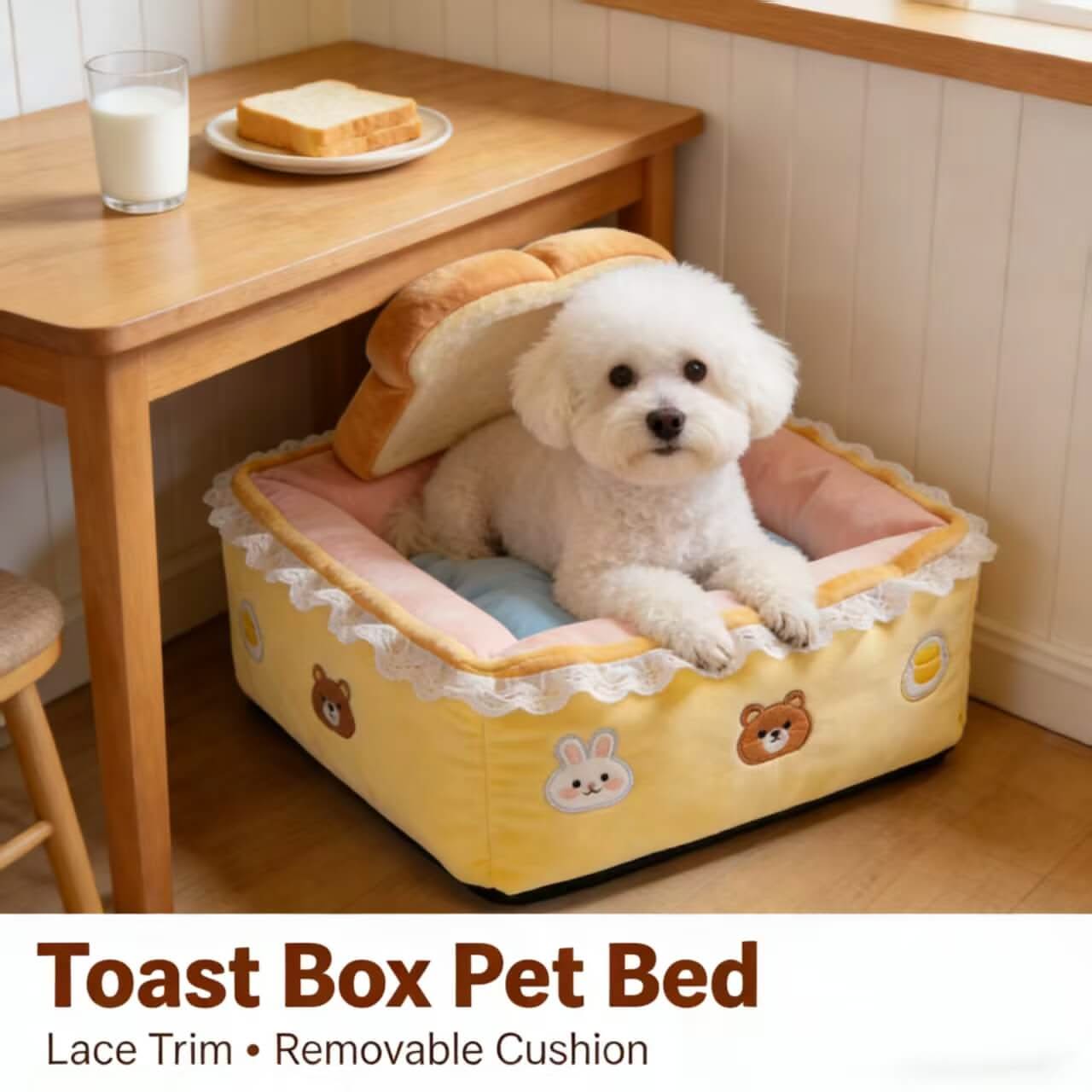 Toast-Box Pet Bed for Dogs - Yellow-Pink, Lace Trim, Removable Cushion, Cartoon Embroidery
