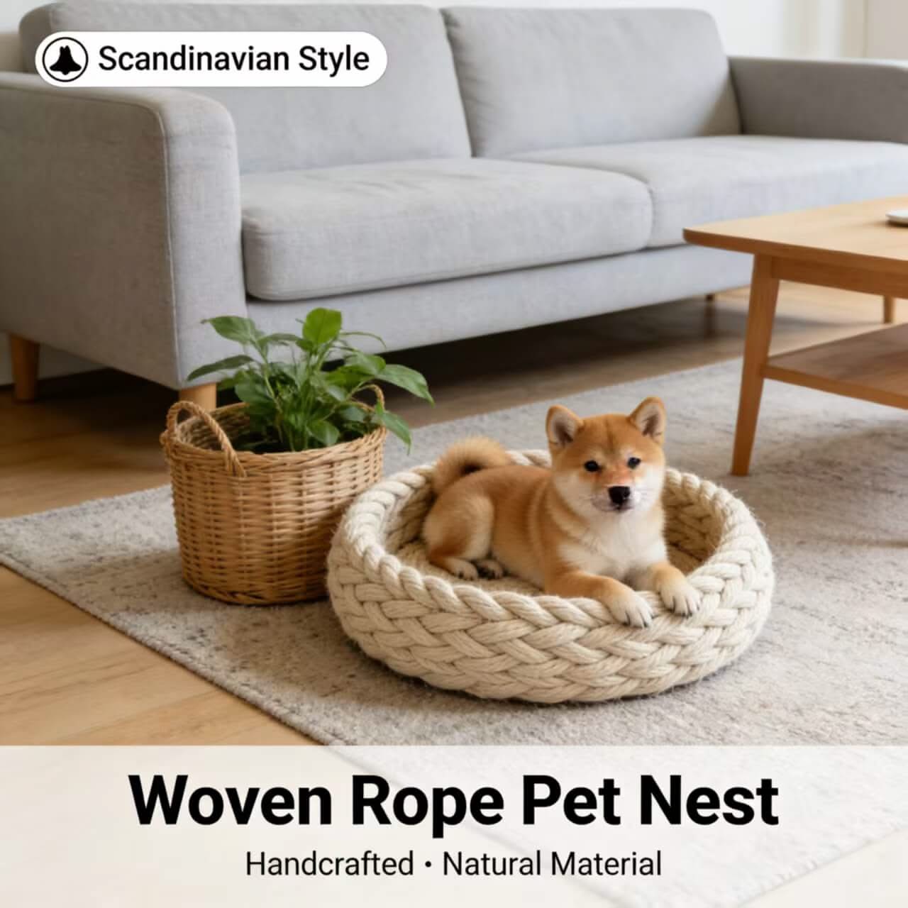 Scandinavian-Style Pet Bed for Dogs - Beige Woven Rope, Handcrafted, Natural Material