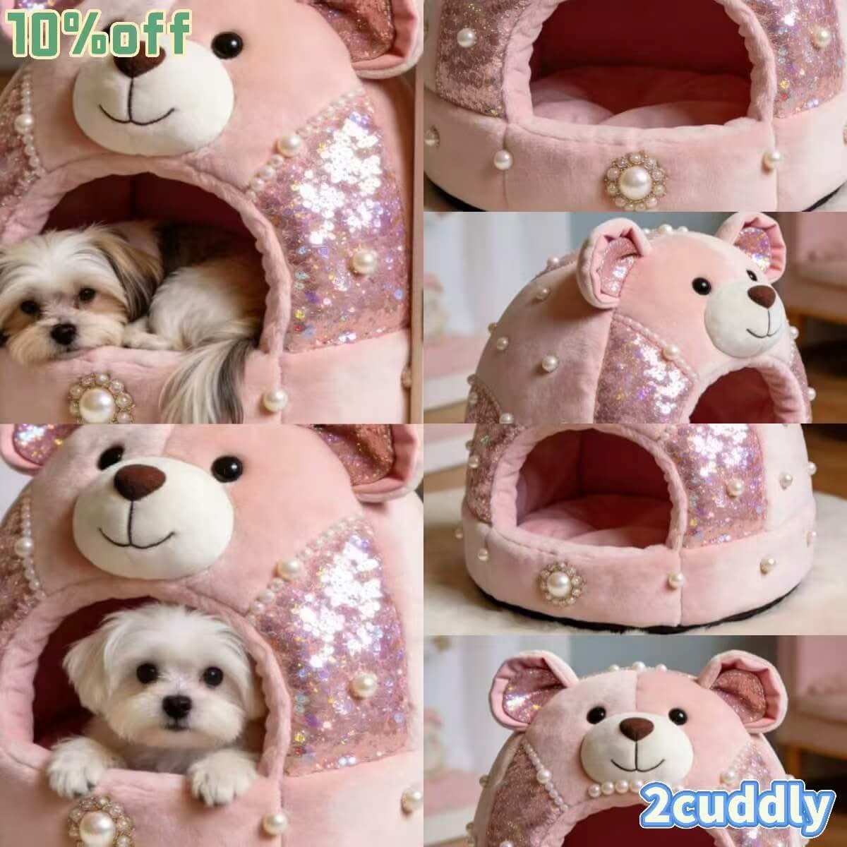 Glittery Cozy Pet Bed for Dogs/Cats - Pink Bear Shape, Sequin, Pearl Accents, Soft Plush