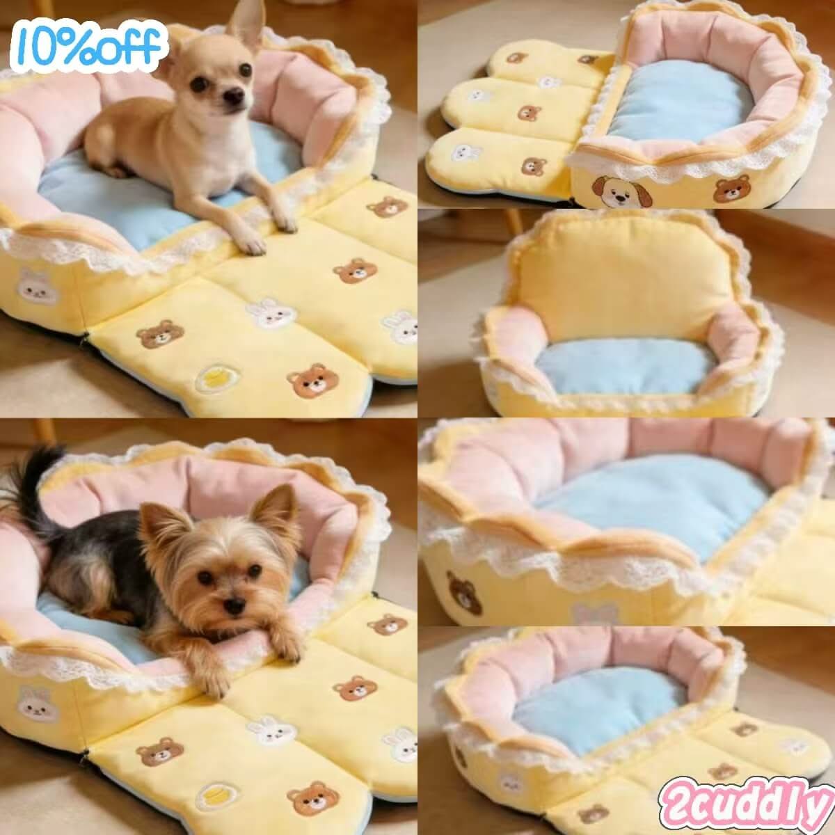 Playful Pet Bed for Dogs - Paw Shaped, Yellow-Pink-Blue, Lace Trim, Cartoon Patches