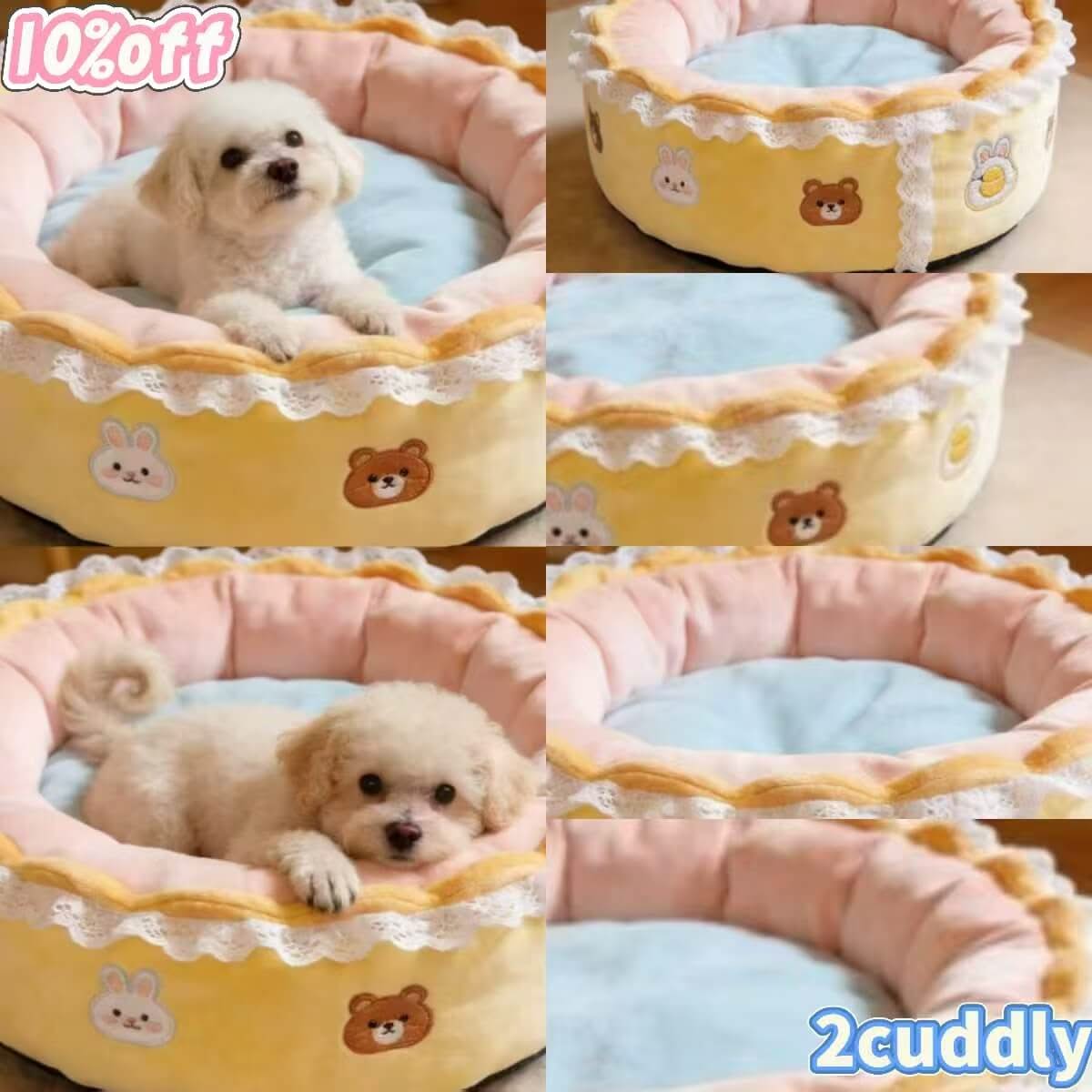 Family-Friendly Pet Bed for Dogs - Round, Yellow-Pink, Lace Rim, Cartoon Embroidery