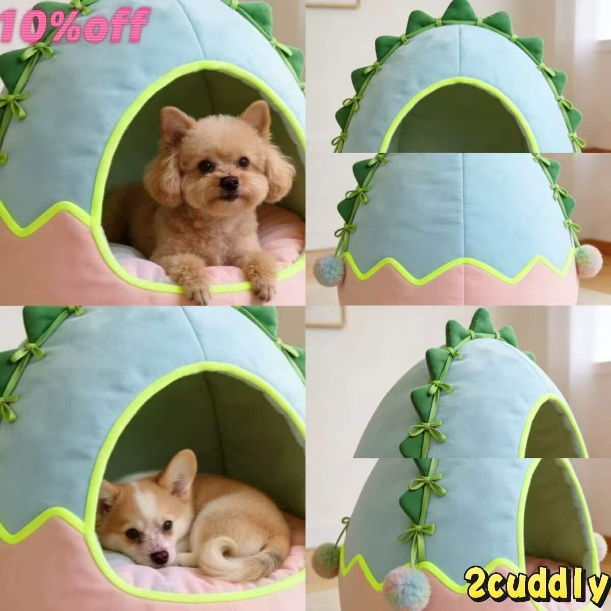 Adventure-Ready Dino-Cave Pet Bed for Dogs - Blue-Pink, 3D Spikes, Bow Accents, Kids Room-Friendly