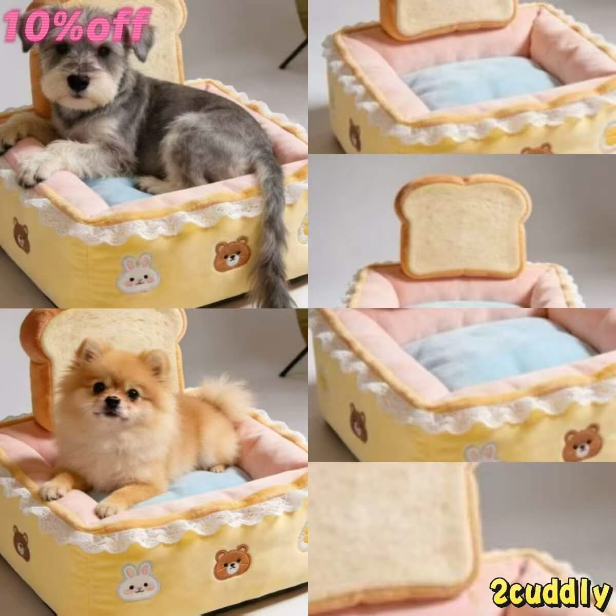 Toast-Box Pet Bed for Dogs - Yellow-Pink, Lace Trim, Removable Cushion, Cartoon Embroidery