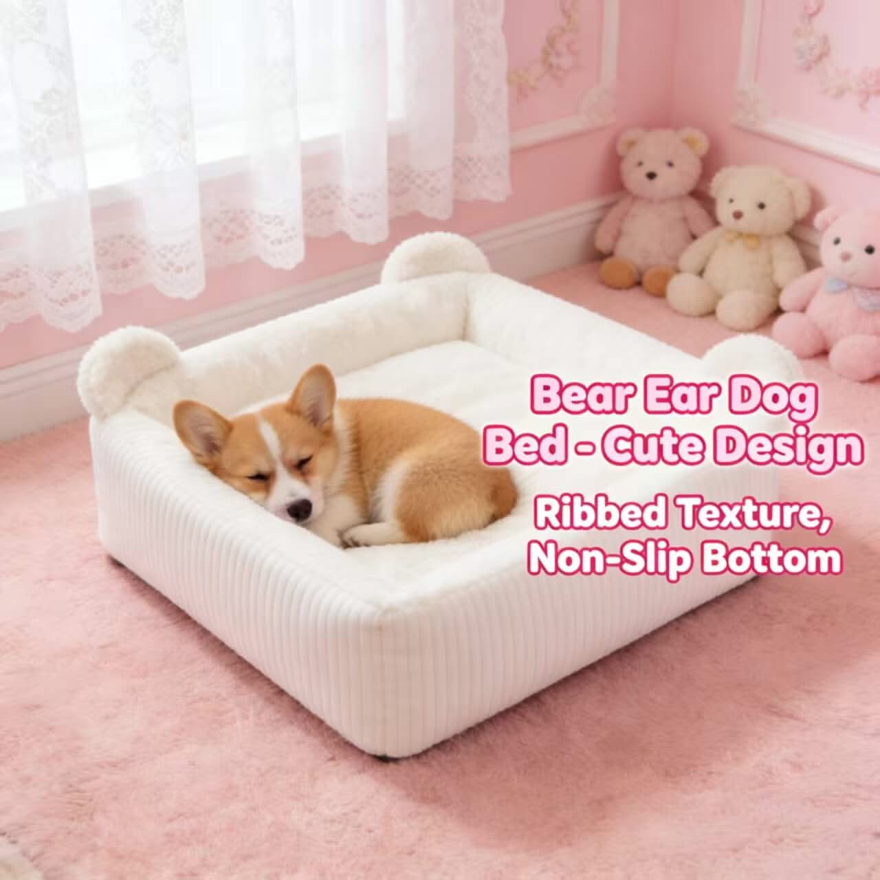 Cute Bear Ear Dog Bed: Ribbed Texture, Non-Slip Bottom for Dogs