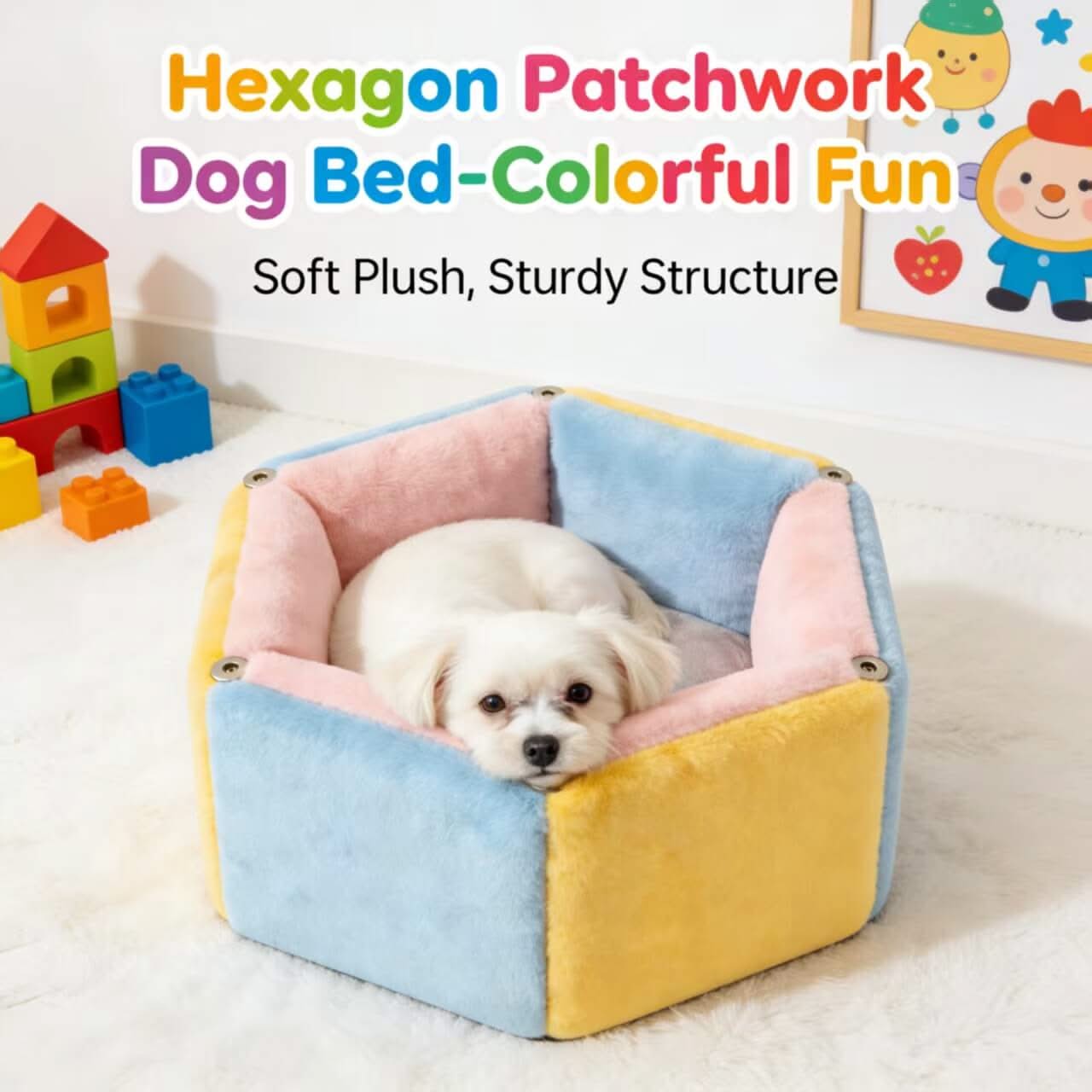 Colorful-Fun Pet Bed for Dogs - Hexagon Patchwork, Multi-Color, Soft Plush, Sturdy Structure
