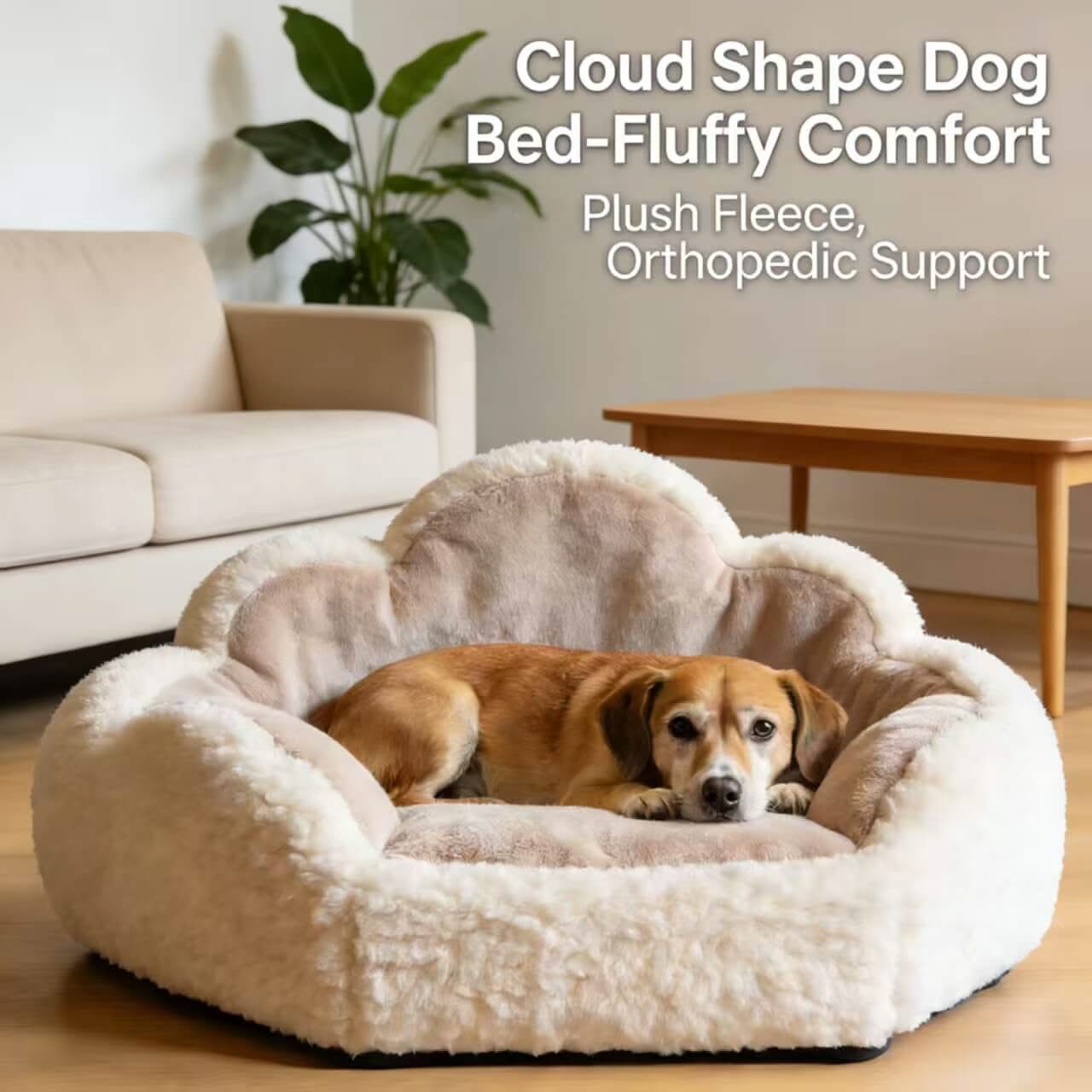 Fluffy-Comfort Pet Bed for Dogs - Cloud Shape, Beige-White, Plush Fleece, Orthopedic Support