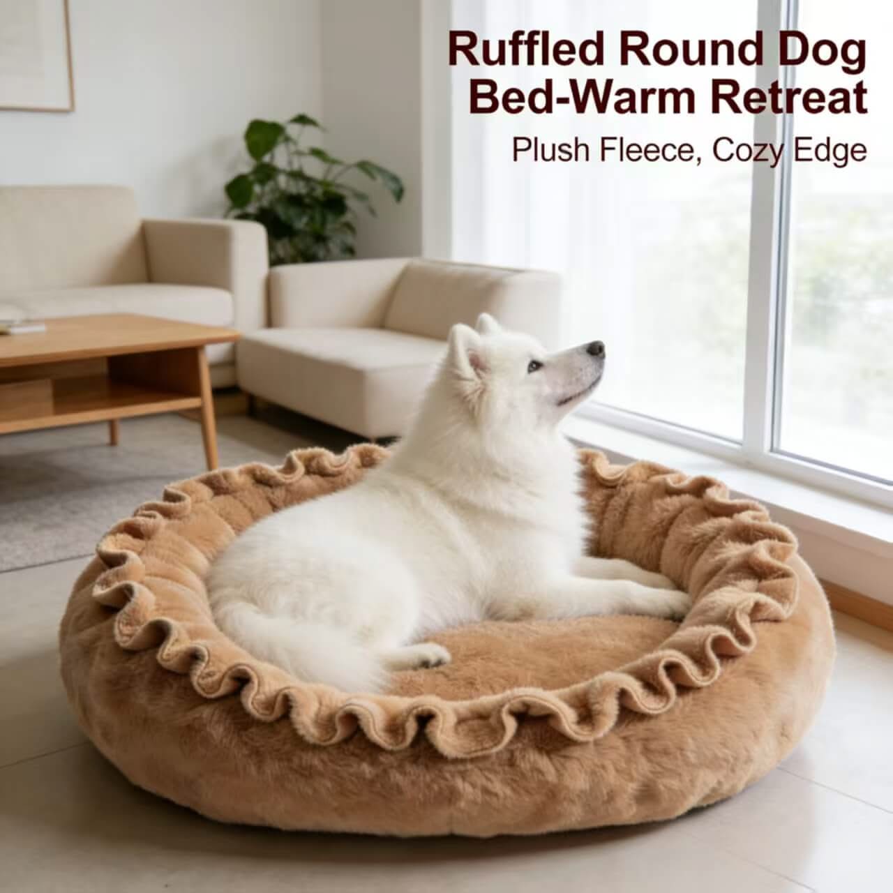 Warm-Retreat Pet Bed for Dogs - Tan Ruffled Round, Plush Fleece, Cozy Edge