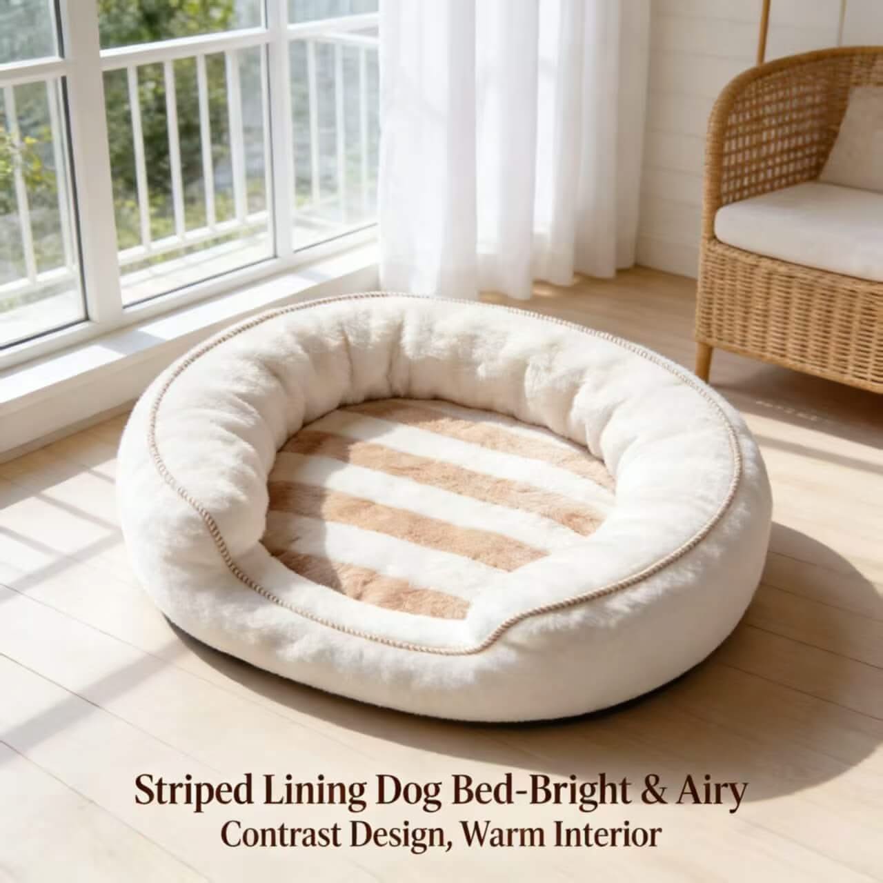 Bright & Airy Pet Bed for Dogs - White-Beige, Striped Lining, Contrast Design, Warm Interior