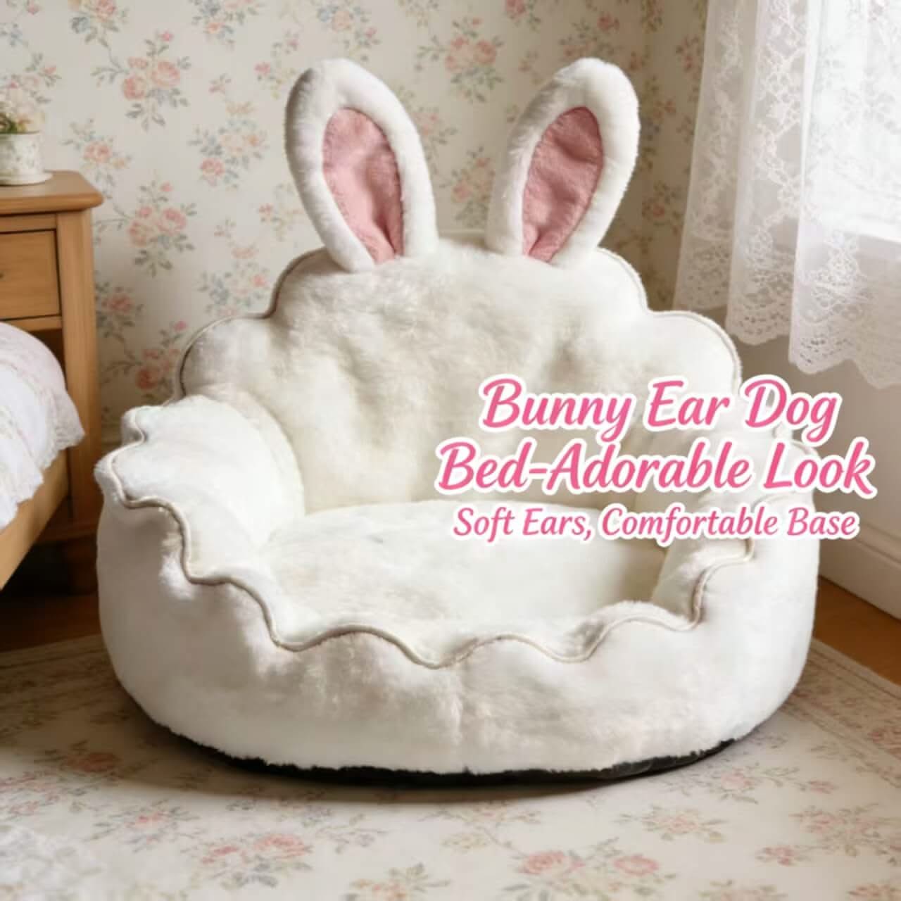 Adorable-Look Pet Bed for Dogs - White Bunny Ear, Soft Ears, Comfortable Base