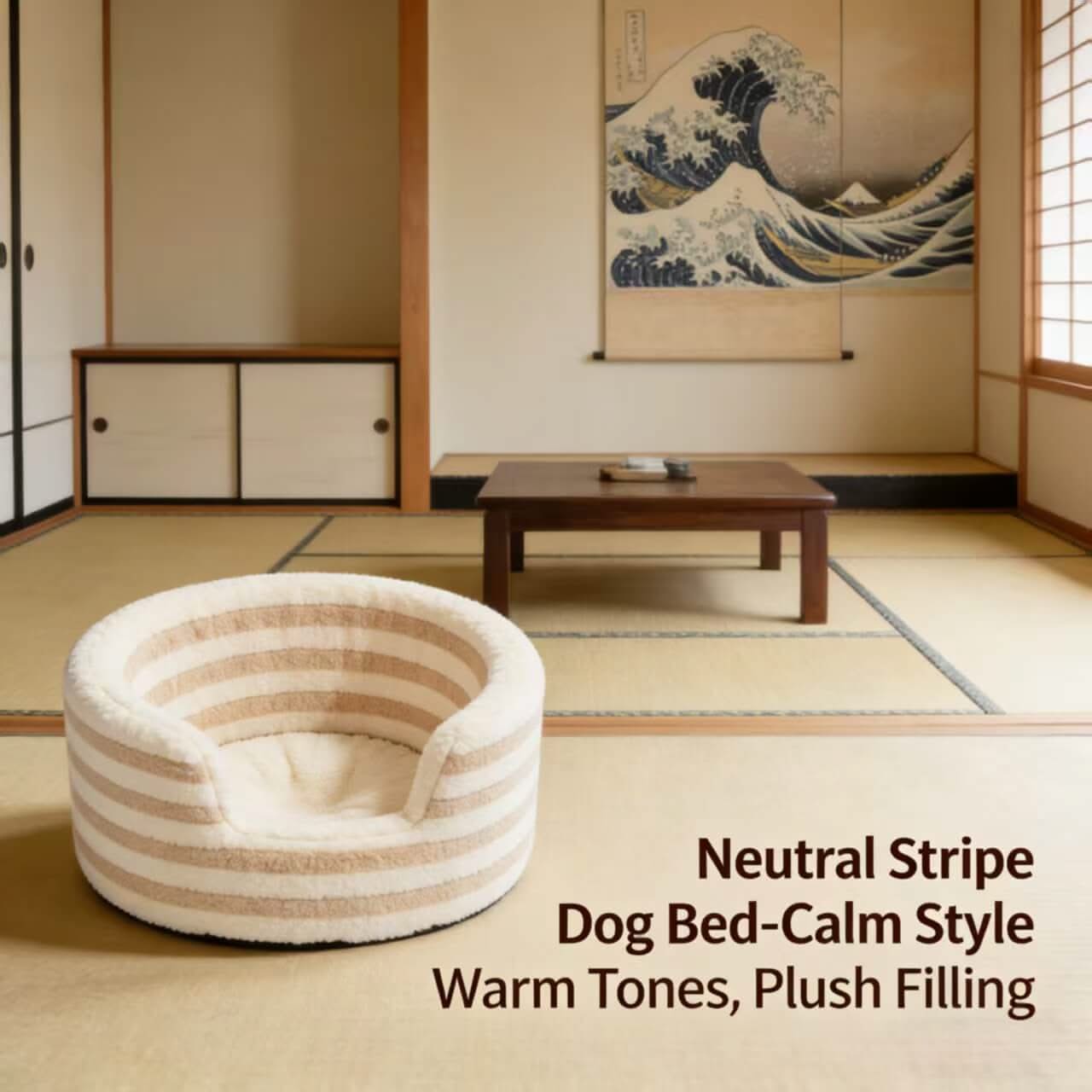 Calm-Style Pet Bed for Dogs - Neutral Stripe, Warm Tones, Plush Filling