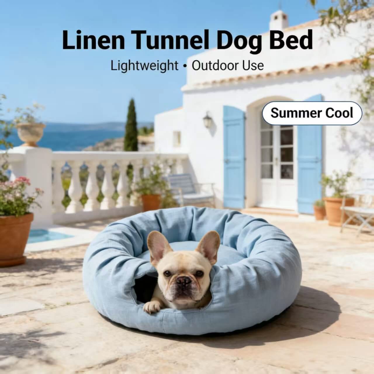 Summer-Cool Tunnel Pet Bed for Dogs - Light Blue Linen, Lightweight, Outdoor-Ready