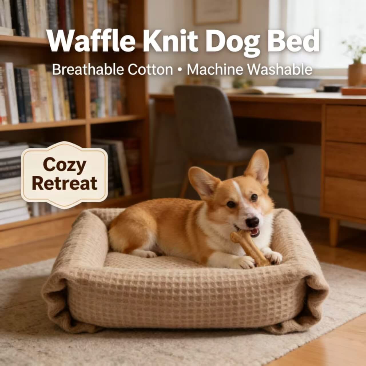 Cozy-Retreat Pet Bed for Dogs - Beige Waffle Knit Cotton, Breathable, Machine Washable