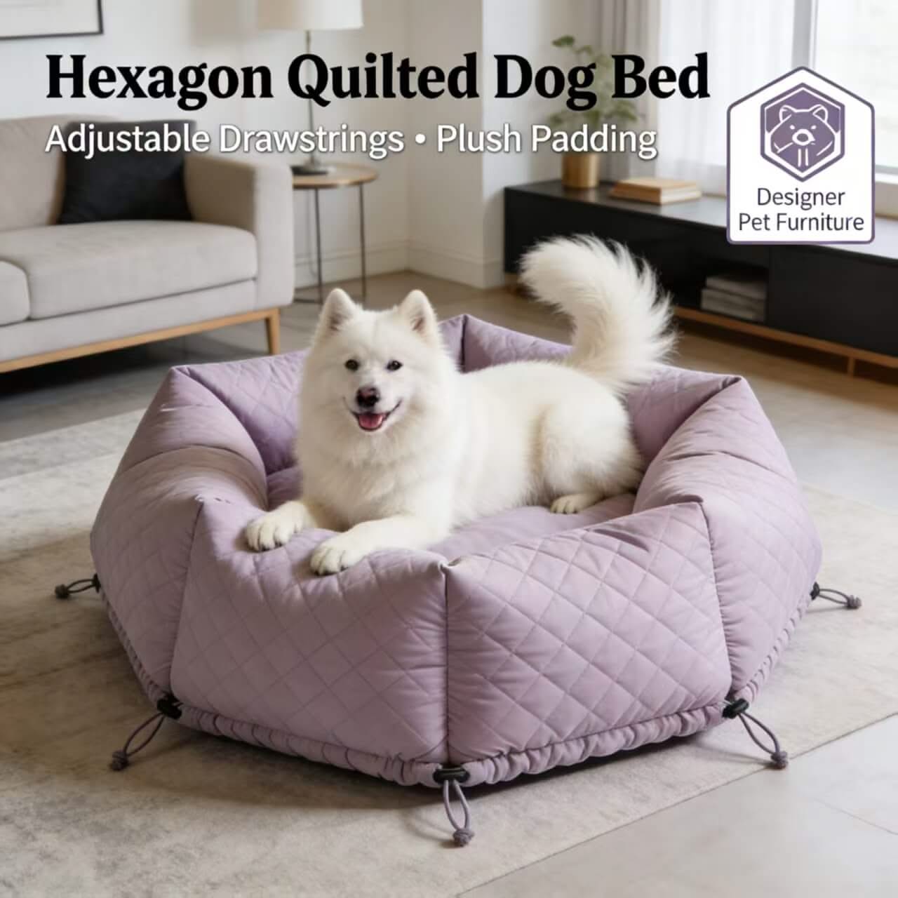 Designer Pet Bed for Dogs - Hexagon, Lavender Quilted, Adjustable Drawstrings, Plush Padding