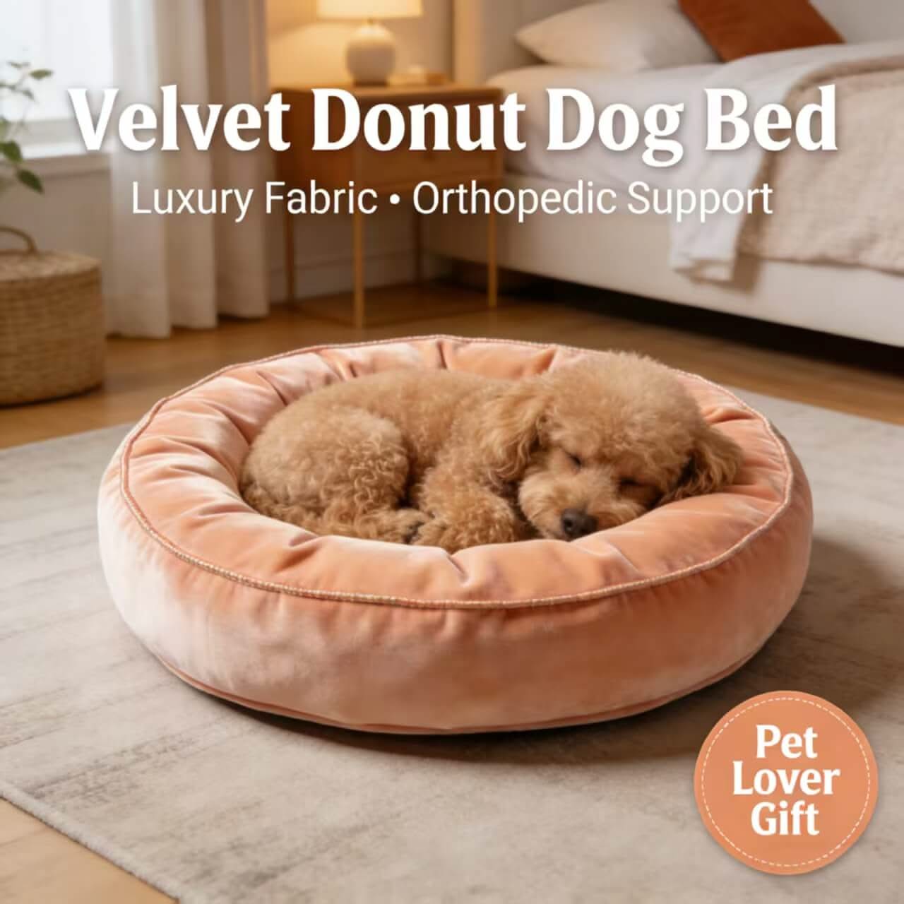 Pet-Lover-Gift Pet Bed for Dogs - Peach Velvet Donut, Orthopedic Support, Luxury Fabric