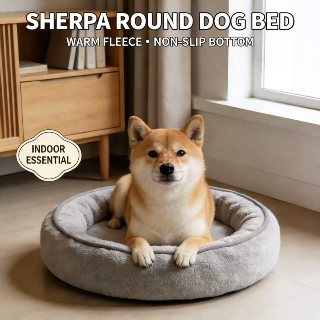 Indoor-Essential Pet Bed for Dogs - Round Grey Sherpa Fleece, Warm, Non-Slip Bottom