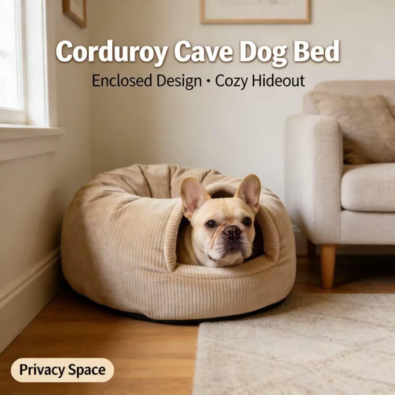 Privacy & Cozy Cave Pet Bed for Dogs - Beige Corduroy, Enclosed Hideout Design